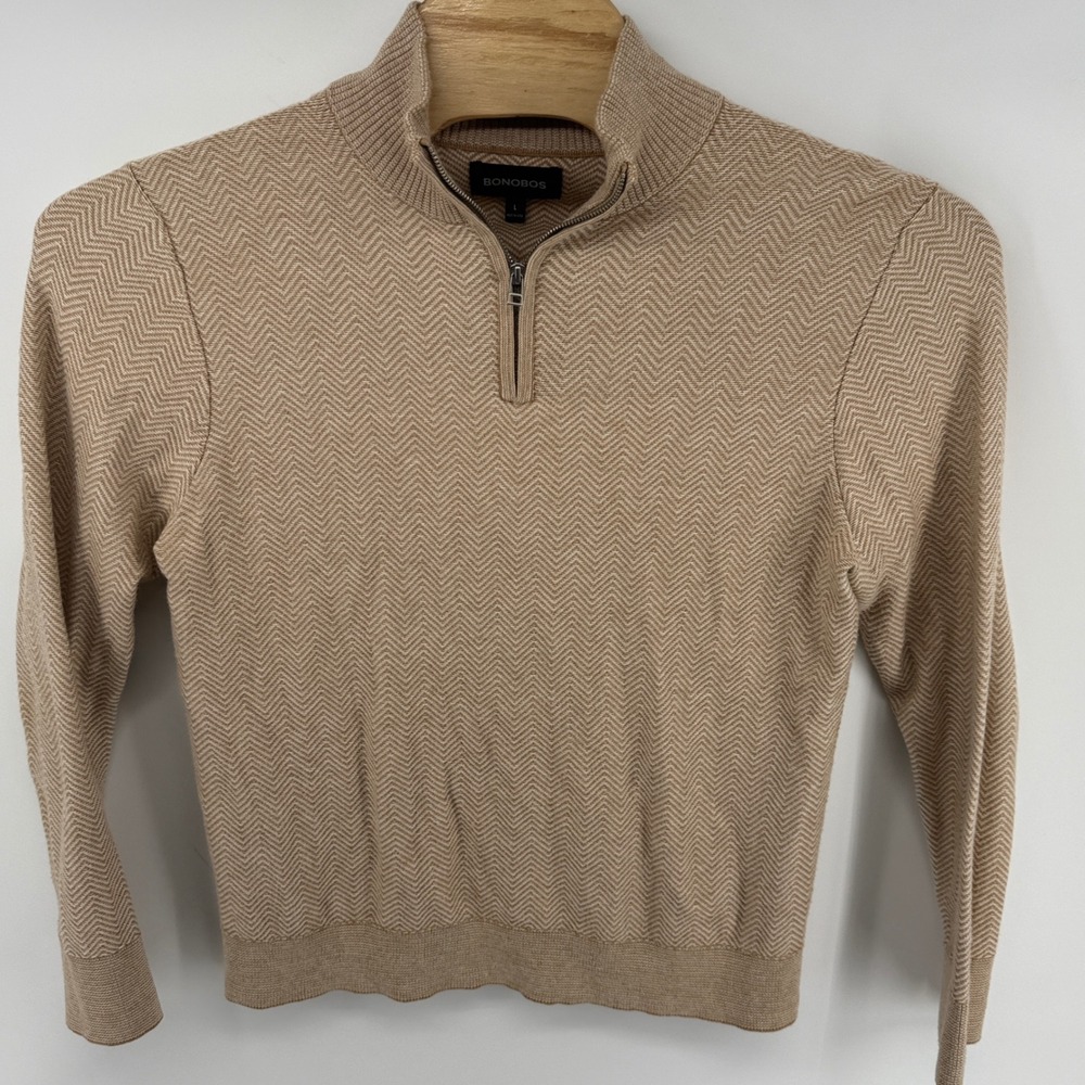 Bonobos Mens Tan Herringbone Cotton Cashmere Quarter Zip Pullover Sweater Large